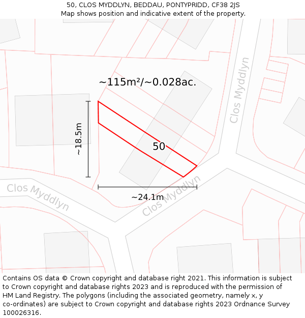 50, CLOS MYDDLYN, BEDDAU, PONTYPRIDD, CF38 2JS: Plot and title map