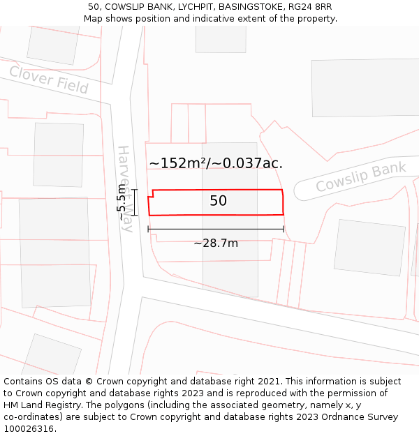 50, COWSLIP BANK, LYCHPIT, BASINGSTOKE, RG24 8RR: Plot and title map