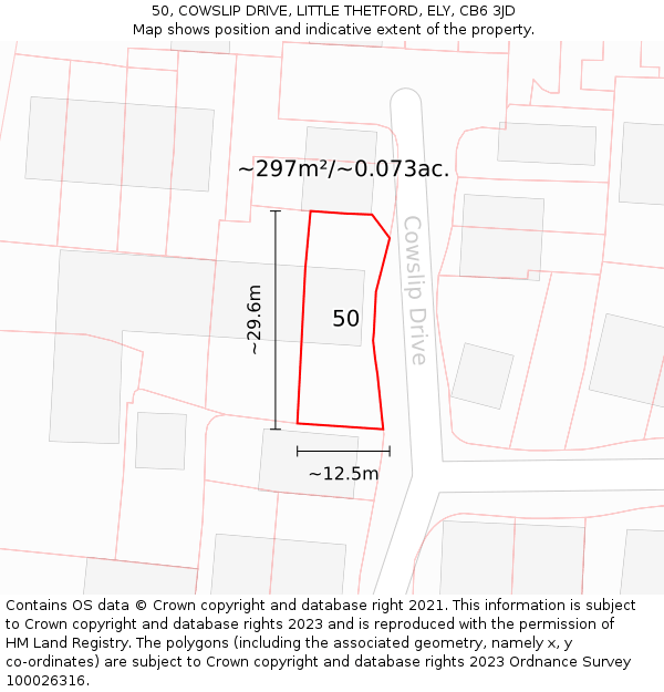50, COWSLIP DRIVE, LITTLE THETFORD, ELY, CB6 3JD: Plot and title map
