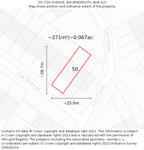 50, COX AVENUE, BOURNEMOUTH, BH9 3LS: Plot and title map