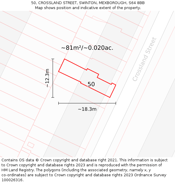 50, CROSSLAND STREET, SWINTON, MEXBOROUGH, S64 8BB: Plot and title map