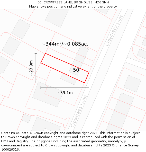 50, CROWTREES LANE, BRIGHOUSE, HD6 3NH: Plot and title map