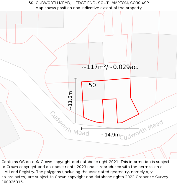 50, CUDWORTH MEAD, HEDGE END, SOUTHAMPTON, SO30 4SP: Plot and title map