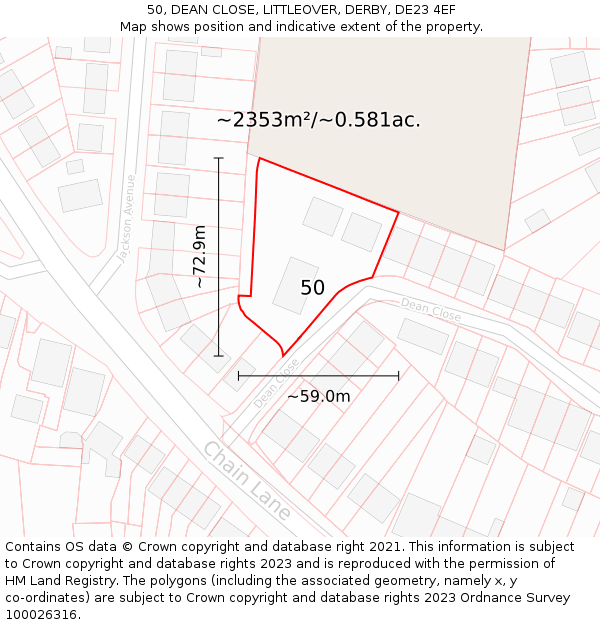 50, DEAN CLOSE, LITTLEOVER, DERBY, DE23 4EF: Plot and title map