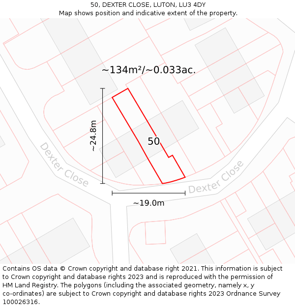 50, DEXTER CLOSE, LUTON, LU3 4DY: Plot and title map