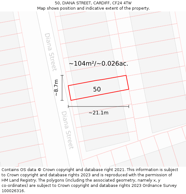 50, DIANA STREET, CARDIFF, CF24 4TW: Plot and title map