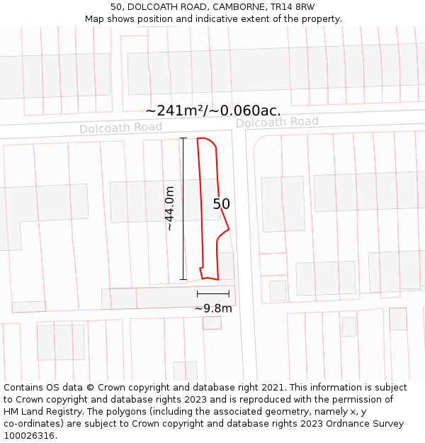 50, DOLCOATH ROAD, CAMBORNE, TR14 8RW: Plot and title map