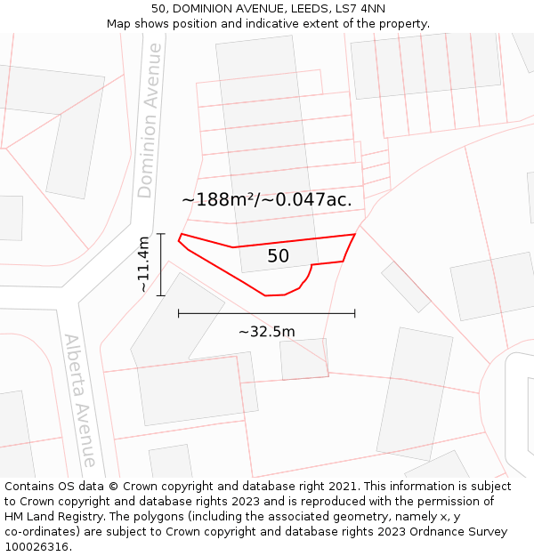 50, DOMINION AVENUE, LEEDS, LS7 4NN: Plot and title map