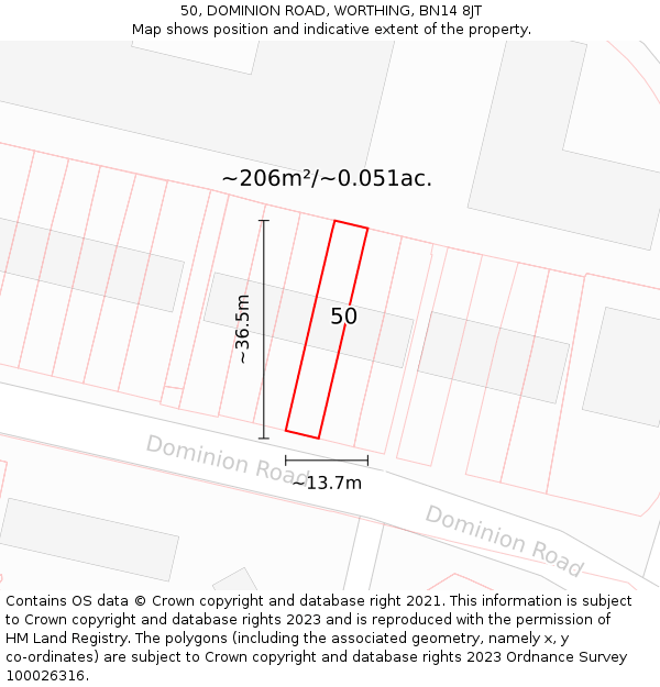 50, DOMINION ROAD, WORTHING, BN14 8JT: Plot and title map
