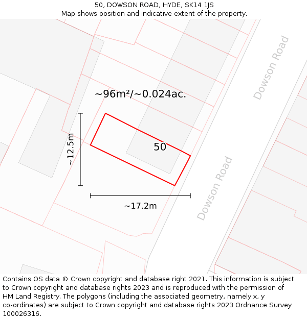 50, DOWSON ROAD, HYDE, SK14 1JS: Plot and title map