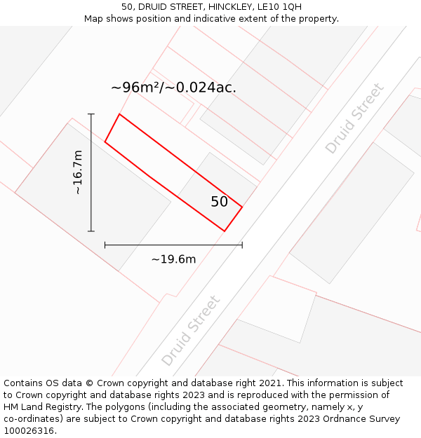 50, DRUID STREET, HINCKLEY, LE10 1QH: Plot and title map