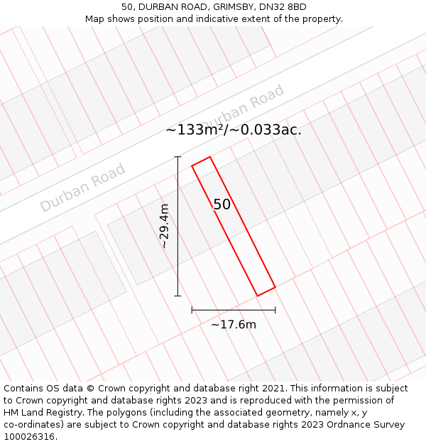 50, DURBAN ROAD, GRIMSBY, DN32 8BD: Plot and title map