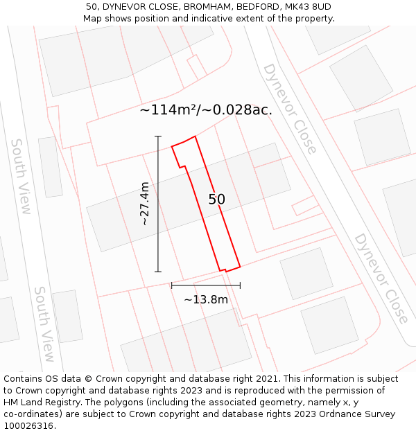 50, DYNEVOR CLOSE, BROMHAM, BEDFORD, MK43 8UD: Plot and title map