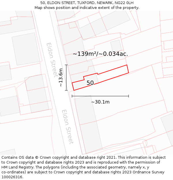50, ELDON STREET, TUXFORD, NEWARK, NG22 0LH: Plot and title map