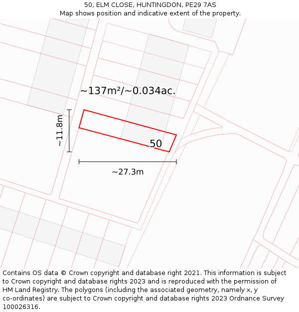 50, ELM CLOSE, HUNTINGDON, PE29 7AS: Plot and title map