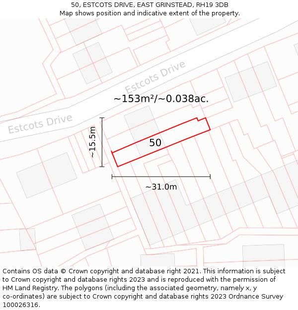 50, ESTCOTS DRIVE, EAST GRINSTEAD, RH19 3DB: Plot and title map