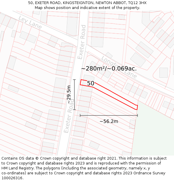 50, EXETER ROAD, KINGSTEIGNTON, NEWTON ABBOT, TQ12 3HX: Plot and title map