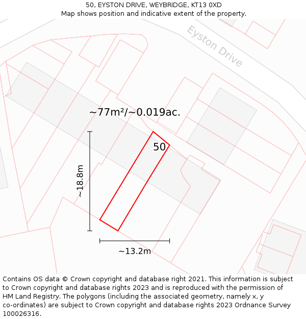 50, EYSTON DRIVE, WEYBRIDGE, KT13 0XD: Plot and title map