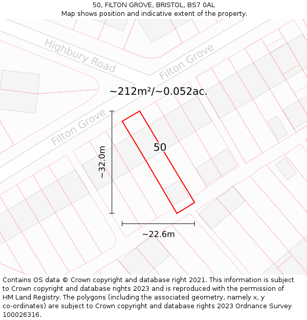 50, FILTON GROVE, BRISTOL, BS7 0AL: Plot and title map