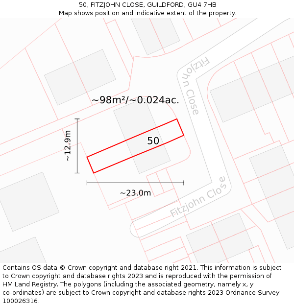 50, FITZJOHN CLOSE, GUILDFORD, GU4 7HB: Plot and title map