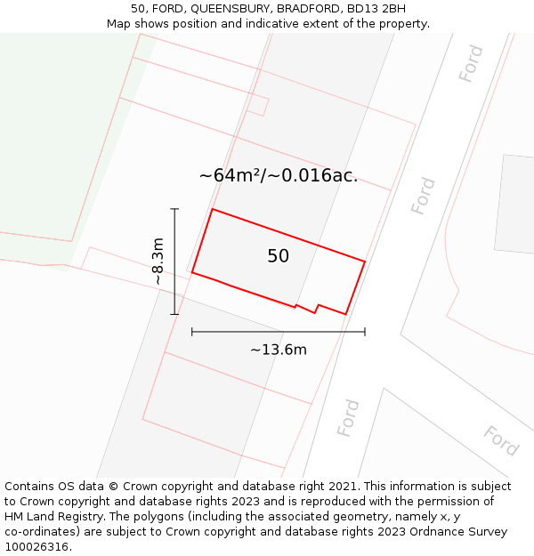 50, FORD, QUEENSBURY, BRADFORD, BD13 2BH: Plot and title map