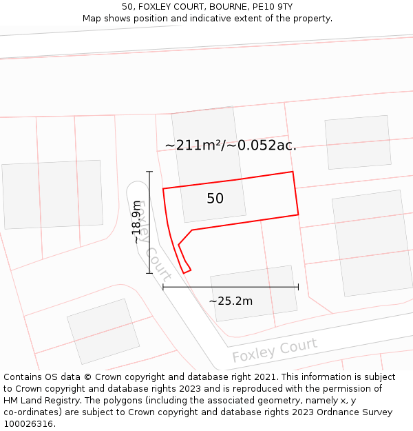50, FOXLEY COURT, BOURNE, PE10 9TY: Plot and title map