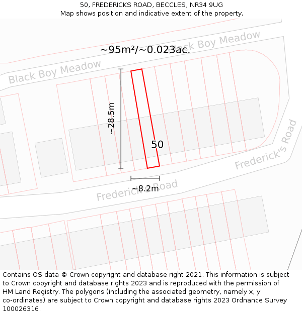 50, FREDERICKS ROAD, BECCLES, NR34 9UG: Plot and title map