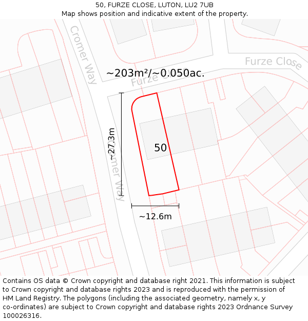 50, FURZE CLOSE, LUTON, LU2 7UB: Plot and title map