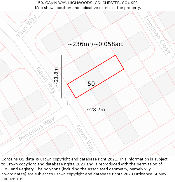 50, GAVIN WAY, HIGHWOODS, COLCHESTER, CO4 9FF: Plot and title map