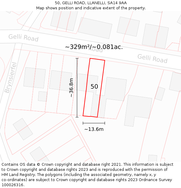 50, GELLI ROAD, LLANELLI, SA14 9AA: Plot and title map