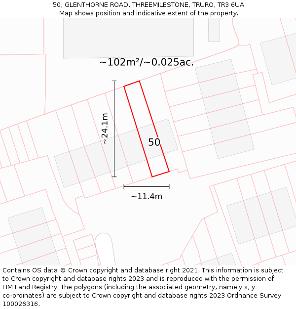 50, GLENTHORNE ROAD, THREEMILESTONE, TRURO, TR3 6UA: Plot and title map