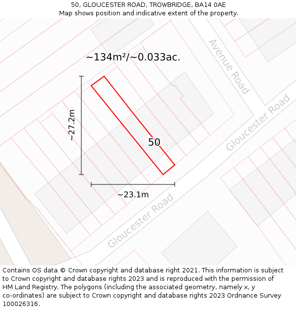 50, GLOUCESTER ROAD, TROWBRIDGE, BA14 0AE: Plot and title map