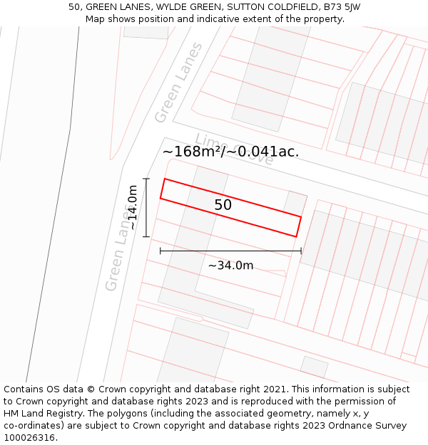 50, GREEN LANES, WYLDE GREEN, SUTTON COLDFIELD, B73 5JW: Plot and title map