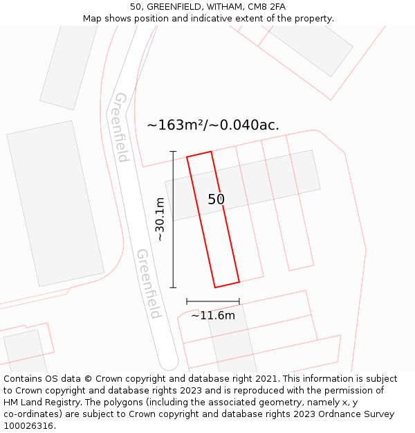 50, GREENFIELD, WITHAM, CM8 2FA: Plot and title map