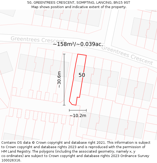 50, GREENTREES CRESCENT, SOMPTING, LANCING, BN15 9ST: Plot and title map