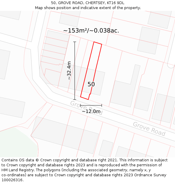 50, GROVE ROAD, CHERTSEY, KT16 9DL: Plot and title map