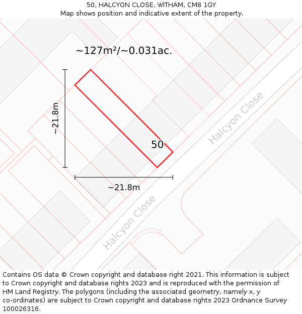 50, HALCYON CLOSE, WITHAM, CM8 1GY: Plot and title map