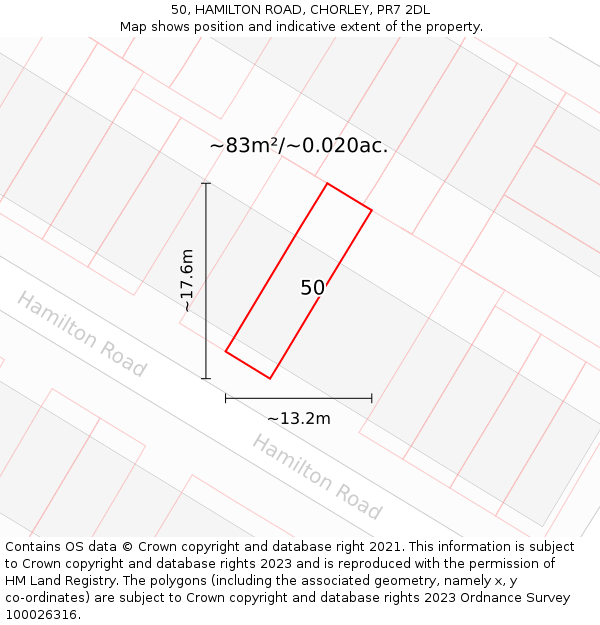 50, HAMILTON ROAD, CHORLEY, PR7 2DL: Plot and title map