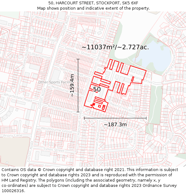 50, HARCOURT STREET, STOCKPORT, SK5 6XF: Plot and title map