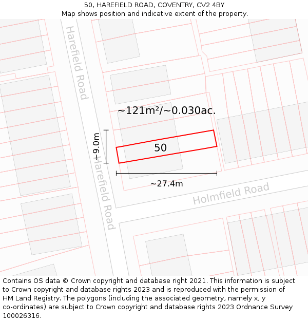 50, HAREFIELD ROAD, COVENTRY, CV2 4BY: Plot and title map