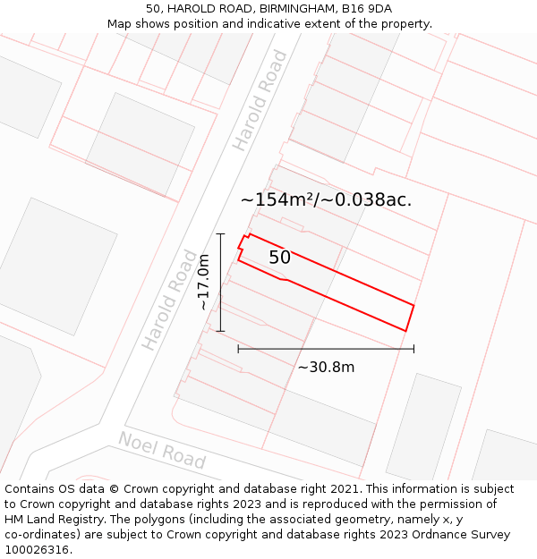 50, HAROLD ROAD, BIRMINGHAM, B16 9DA: Plot and title map