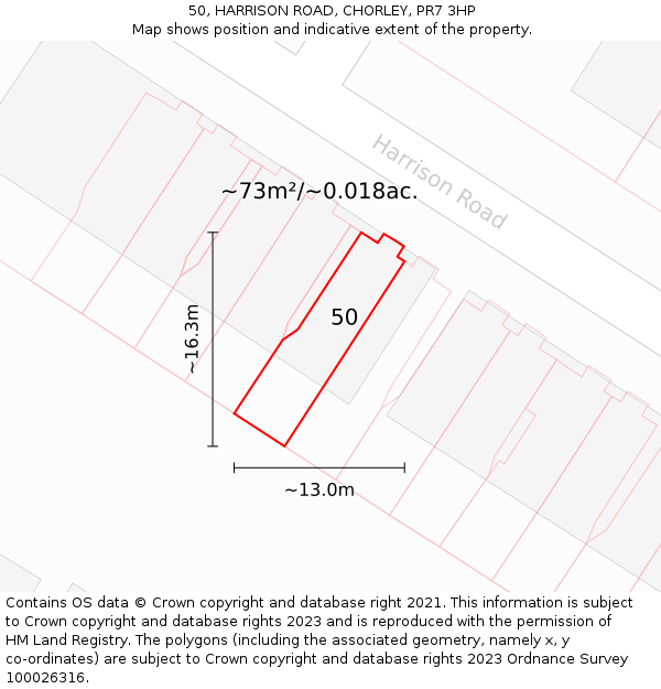50, HARRISON ROAD, CHORLEY, PR7 3HP: Plot and title map