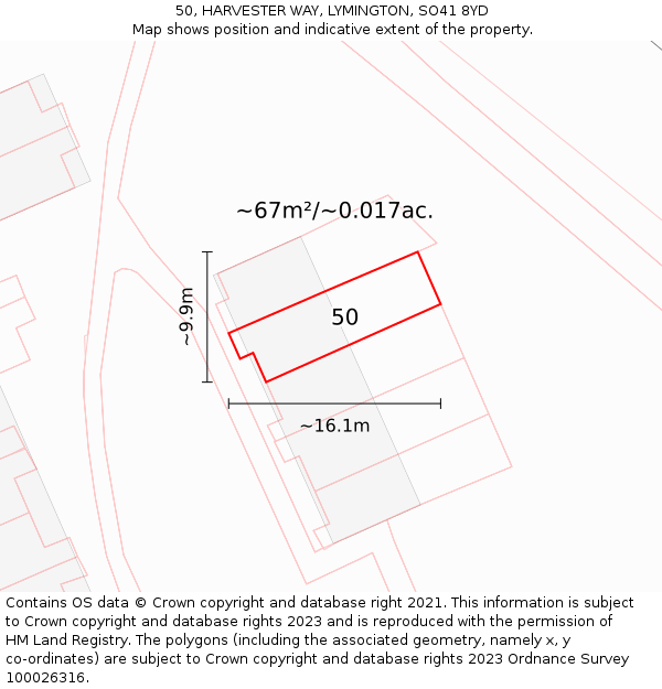 50, HARVESTER WAY, LYMINGTON, SO41 8YD: Plot and title map