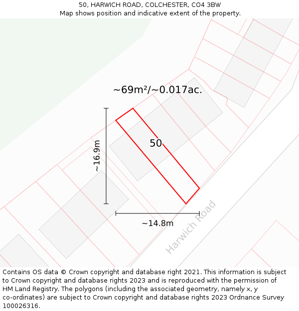 50, HARWICH ROAD, COLCHESTER, CO4 3BW: Plot and title map