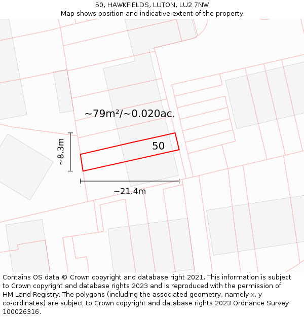 50, HAWKFIELDS, LUTON, LU2 7NW: Plot and title map