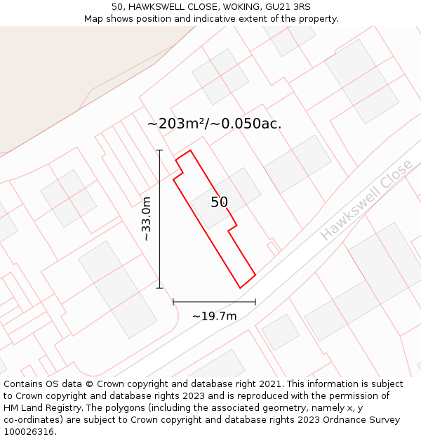 50, HAWKSWELL CLOSE, WOKING, GU21 3RS: Plot and title map