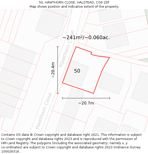 50, HAWTHORN CLOSE, HALSTEAD, CO9 2SF: Plot and title map