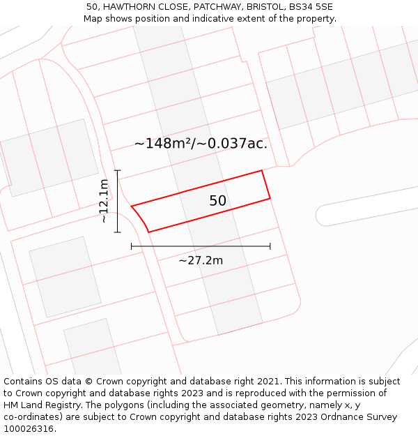 50, HAWTHORN CLOSE, PATCHWAY, BRISTOL, BS34 5SE: Plot and title map