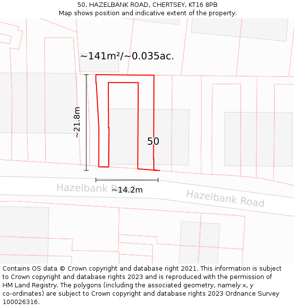50, HAZELBANK ROAD, CHERTSEY, KT16 8PB: Plot and title map