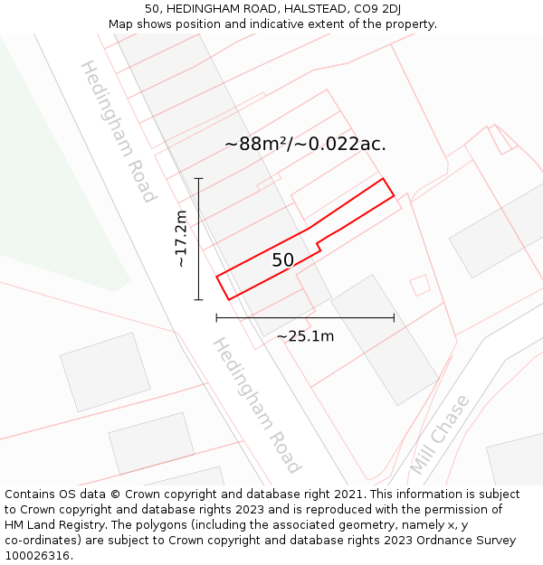 50, HEDINGHAM ROAD, HALSTEAD, CO9 2DJ: Plot and title map